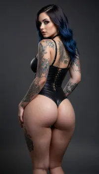 Hot Goth girl, sexy, dark hair, beautiful hair, tattoos, sexy one piece outfit, ass, thicc, blank background
