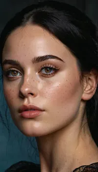 masterpiece, best quality, highly detailed, photorealsitc, professional studio lighting., A woman with, (pale skin:1), and features that are traditionally associated with black women, creating a striking and unique appearance. She has pale white skin, brown colored eyes, and delicate facial features such as a slender nose, high cheekbones, square chin, with full lips. Her eyes are enhanced by strong smokey grey eyeshadow and winged black eyeliner. The eyeliner is thick and sharp, extending into exaggerated wings at the corners of the eyes. Her eyes are striking and intense, framed by voluminous lashes. Her lips are accentuated by pale natural looking lipstick. Her straight black hair is styled in a centre parting, adding to her graceful look. She has a few dark black freckles under her eyes and on the bridge of her nose.