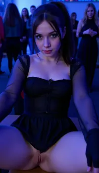 A girl, 18 years old, is dressed in a dark outfit with gothic accents, showing her breasts. Her long dark hair is pulled back in a ponytail and she wears dark make-up on her face, emphasising her eyes. In the background, a group of people are seen in blurred focus, creating the atmosphere of a gothic party. She sits on the stage with her legs apart, wearing no panties, and details such as transparent lace sleeves add drama to the image. Cool-toned lighting enhances the mysterious and tense mood of the scene, perfect, eyes, skin, blemish, detailed, <lora:polyhedron_all_sdxl-000004:.5>, <lora:xl_more_art-full_v1:.5>, <lora:Pussy_Alicia_v01:.5>
