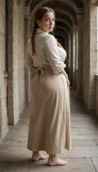 medieval England, a village, a beautiful curvy mature milf, 40 year old, full-length image, peasant woman in a knee-length white linen shirt with a straight slit in the front and a turn-down collar, with wide sleeves without cuffs sewn in with gusset inserts, The sleeves of the shirt are decorated with bright embroidery at the bottom, long, narrowed at the wrist with stitched small folds, a woman wears a long dark skirt over the shirt and a light knee-length apron. The skirt gathers at the waist and is trimmed at the hem with bright braid, the apron is also decorated with braid, over this she wears a dark sweatshirt with long sleeves and a low neckline, fitted at the waist, a fringed shawl on her shoulders, Her head is covered with a scarf, her ginger hair is curled into temple braids, intertwined with wide ribbons., plump, skindentation, chubby, bbw, venus, body, big, breasts, ass, <lora:Chubby BBW - XL:.5>