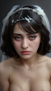 Professional head and shoulders portrait photography of a bride, in the photography studio, professional lighting, cumshot on black sleek hair of Bride, sad face, focus on hair, Crying, Iranian Modern slut bride, CUm on hair, cumshot on hair, realistic, HD, 8K, real photo, with Sony camera, the slut bride, cum hair, cumshot, At the wedding among all the guests, sad, expression, <lora:Cumhair_SD15_V1:1.1>, <lora:detailed_eye-10:1>, <lora:sad_v1:.3>