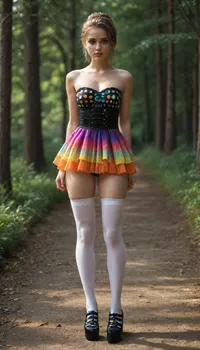 A feminine Alice, with delicate features and fair skin, levitates in a hyperrealistic, 3D psychedelic forest. Master oil painting А Hyperreal feminine woman with perfect legs. elegantly sits in "happy but mysterious look" 4K quality. . Hyper realistic detail. Unreal Engine 5. Deep lines, heavy strokes. Intense dramatic lighting captures a dynamic scene. She is athletic and feminine, wearing a vividly colored blue and white acid-punk kawaii dress and white symmetry stockings and black bow, ((Masterpiece:1.2)), (Best Quality and perfect face), Colors, bright psychedelic, blurred lines., (((Pixel Perfect, Perfect in every detail))), full body, ((gorgeous details)), ((beautiful detail eyes:1.3)), high quality, high detail, high resolution, backlight, (long exposure:2), midshot, She is wearing an off-shoulder dress with frilly details and a mini skirt, styled in a vibrant Alice cosplay outfit. 8k, HDR, UHD, high contrast. Style, Mobius and Basquiat influences