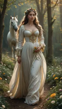 uber realistic image, fullcolor image, full body view, 8K quality, ultra detailed, masterpiece, dark fantasy, night, full moon, many glowing multi-colored flowers, Beautiful French shepherdess, 14th century, very thin figure, large massive breasts, long loose hair, dressed in a peasant dress with open pliches, breasts protrude high from the bodice of the dress, met a white unicorn with a golden horn on the edge of the forest romanticism, whole body in frame, whole body visible, renfaire_gurlz_dress, wearing, <lora:TQ_-_Beauty_and_Unicorn_XL-000006:.4>