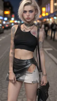skinny 18 year old, prostitute, dirty, trashy, tatoos, heavy makeup, freckles, messy short hair, skin, naval, indecent, carrying purse, tiny, skirt, microskirt, high heels, busy sidewalk at night, Cologne Germany, flash photography, model stance, shirt with no bra, bad neighborhood, perfect face, ca45mv7-100, photo, of, perfecteyes, eyes, eye contact, bttrfrckl, <lora:lora_perfecteyes_v1_from_v1_160:.5>