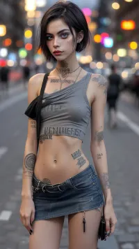 skinny 18 year old, prostitute, dirty, trashy, tatoos, heavy makeup, freckles, messy short hair, skin, naval, indecent, carrying purse, tiny, skirt, microskirt, high heels, busy sidewalk at night, Cologne Germany, flash photography, model stance, shirt with no bra, bad neighborhood, perfect face, ca45mv7-100, photo, of, perfecteyes, eyes, eye contact, bttrfrckl, <lora:lora_perfecteyes_v1_from_v1_160:.5>
