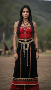 beautiful american nativ siux women, full body view, traditional siux clothes, long straight brilliant black hair. proud . tough face, backgroung praire with hoses, she dance a traditional dance, taditional face painting