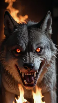 wolf, horror-themed cinematic photo breathtaking an wolf, burning flames pupils, horror, blood, smile, ghost, monster, masterpiece, award-winning, professional, highly detailed, 35mm photograph, film, 4k, eerie, unsettling, dark, spooky, suspenseful, grim, highly detailedmonster, <lora:monster:1.3>, <lora:PAseer-SDXL-HorribleFace:.8>, <lora:maniacal_laughter:.8>