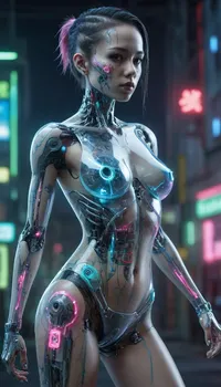 full body portrait, ((Asian cyborg girl with partial transparent skull with visible wires and red plasma inside her skull:1)), human face with many face scars and many tattoos, robotic skeleton with pink lights and green lights and blue lights, robotic feet with lights, (holding plasma gun with lights:1), cyberpunk street, <lora:PAseer-SDXL-Transparent Robot:.5>, -- chaos 88