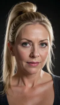 ((1 woman), (mature:1.2), milf, gilf, blonde, (mature 45 year old woman), very realistic, ponytail, (facial wrinkles:1), dim light, soft lightning, looking at viewer, (((view from above:1))), upper body view)