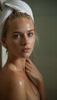 high quality photo, 4K, front shot, upper body from from waist up, 20 year old Norwegian woman, in the bathroom, just out of shower, wet slicked blonde hair hanging down, wearing a towel at hips, bright light blue eyes, shy, tilting her head to one side