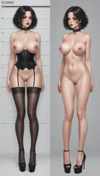 18y.o. Black girl, beautiful breasts, naked, visible boobs, hiding her nipple with her hands, looking away, blushing, standing, mugshot, extreme blushing, furtive glance, skin wet, showing her shaved pussy and large breasts with nipple rings, a collar around her neck, a ring in her nose, ring in pussy lips, black high-heeled shoes, and a black corset, black stockings, dark mascara, dark red lipstick, (Multiple_views:1.4)