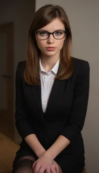 (photorealistic:1.9), image of solo women, Height 1m64, Weight 53kg, bust 90b, Waist 67, Hips 87, 25 years, fair smooth skin, oval face, straight long brown hair with soft bangs, blue-green eyes, straight eyebrows, medium-length nose, natural pink lips, Photorealistic rectangular eyeglasses with slightly rounded edges, full-rim dark plastic frame, (black or dark brown), thin straight temples, simple modern design, secretary, on her knee, in a office, not happy, black stockings, brow desk, notning on the wall, white shirt, suit jacket black, black suit, black skirt, full body, buisness jacket black, background a wall weak artificial lighting, cold lights, (weak lighting:1.8), blurred, shaved pussy, poor lighting, (poor lighting:1.8), (slightly blurred:1.8), pussy