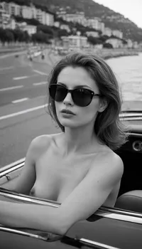 "A captivating nude woman drives a vintage convertible along the winding coastal roads of 1960s Monaco, framed in moody black and white or washed-out pastel tones. Her bobbed hair tousles in the breeze, a Gauloises cigarette in hand, and a distant, thoughtful gaze behind dark sunglasses. The Riviera sparkles below, but her world is quiet, introspective — jazz crackles on the radio, and the soft hum of the engine fills the silence. The scene is spontaneous, melancholic, and alive with a subtle sense of rebellion and existential longing. Capture the fleeting poetry of a soul in motion — freedom, beauty, and the search for meaning under the Monaco sun."