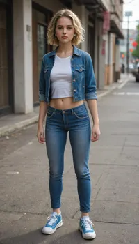 girl, blonde, short hair, denim jacket, jeans, sneakers