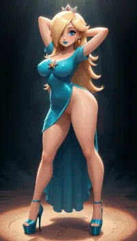 (Jack cayless art style), princess rosalina from super mario, gorgeous, reiq style, milf, black eyeliner, long cyan nails, big hoop earrings, ((big round wide tits, pointed nipple)), massive ass, cyan lipstick, solo, princess rosalina dress, cyan high shiny platform heels, (stands in a dynamic pose with legs apart), shiny sexy legs, smiling, sideways shot, detailed striptease platform heels, front view under the skirt, no panties, hands behind head, (((perfect small details, perfect quality, soft shadows, ultra perfect quality, perfect detailing))), <lora:287175_training_data:1>, <lora:add-detail-xl:2>, <lora:princess_xl_v2:.8>, <lora:DetailedEyes_V3:2>, <lora:Animated_Concept:.9>