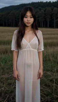 very dark focused flash photo of found footage of a 22 years old messy long haired japanese girl wearing dirty white sheer fabric long dress standing in the middle of tall grass field staring at you at night with a dark forest in the background, bangs, pale face, slightly smile, no make up, extremely low saturation, black night, black sky, front view, full body view, shadow from all direction, dark background, spade, <lora:sdxl_darkflash_v6-000060:2>, <lora:nobrav1_SDXL:.1>