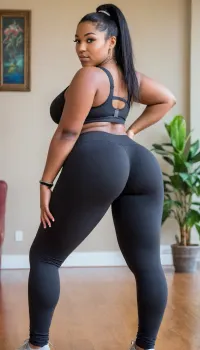 Extremely dark skinned African 20 year old extra thick body ghetto girl with very thick legs, very wide hips, big tits and a huge phat ass, wearing, (yoga pants that are very low at the waist with the straps of a thong sticking up above the waist:1.8), whale tail, thong showing, a black lace strapless tube top, large gold hoop earrings, side view looking seductively into the camera, NEGATIVE_HANDS