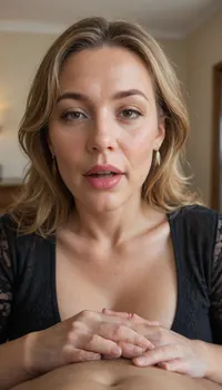 (mature:1.5), POV, (open mouth), chubby Obese milf, 55 years old married housewife wearing a black outfit, amber hair, ((man grapping her head)), looking at viewer, (captivating eyes:1.3), cozy bedroom