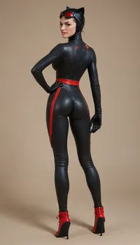 arabe younger 1girl, youthful, skinny body, big ass, big breast, thin waist, full body image of a beautiful 18 year old breasts out, her pussy is thick, interesting sexy pose, arm pits, nude ass, standing, (((Catwoman suit by red colored leather))), big tits out, looking at viewer, wide spread legs, monicab44, green, eyes, blue, brown, perfecteyes, wide, (full length image:1.9), smile, big smile, (rear top view), (cowboy shot), (fish-eye lens), <lora:monicab44:2>, <lora:add-detail-xl:2>, <lora:PerfectEyesXL:2>