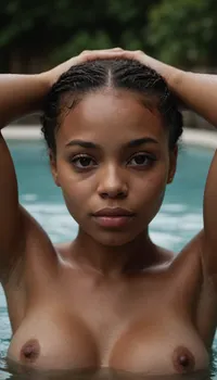 very light-skinned black girl, 20 years old. very cute. in a hot tub. incredible breasts. her hands are on or behind her head