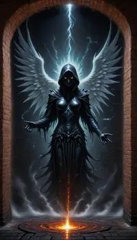 Street Art, Mural, Spray Paint, Tones of Black, High Contrast, Ultra-HD, Angelic, Evil, Powerful, Natural Lighting, Reflective, Polished, Brick, Aerosol, Dark, Fantasy, page, Fanmytwor, style, subatomic, <lora:Dark Fantasy:2>, <lora:Fantasy World XL:2>, <lora:Subatomic:2>