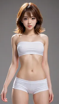 HD, 1girl, manhwa beauty, solo, supermodel_body, upper_body, topless, hair_accessories, detailed_face, flat_chested, lower_body, slim_waist, puffy_pussy, contrapposto, sport_short_pants, adorable, cute, white_background, spotlight, tilted angle, <lora:add-detail-xl:.8>