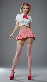 masterpiece, best quality, very awa, very aesthetic, newest, thick outlines, very detailed, 1girl, 1man, standing, beautiful, cute, kawaii, Elle, adult face, short blonde bob cut, big blue eyes, beautiful face, toned body, white unbuttoned shirt, tits visible, ascot, pink mini skirt, pink mini-skirt, upskirt, no underwear, pussy visible, pink thigh highs, high heels on platform, hair bow, highly detailed, intricate, cute pose, modelshoot, abstract background, petite, perfect body, medium perky tits, sexy pose, erotic, seductive, medium perky breasts, innie pussy, cowboy shot, shadows, dynamic angle, dutch angle, dramatic lighting, cinematic lighting, very fat old man, man grap girl butt, full body view