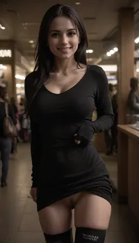 high boots up to mid-thigh, attractive Czech woman in her 20s, in a crowded shopping mall, slim, muscular legs, athletic body, ((one breast out:1.4)), walking, clothes pulled down, long black hair, loose partial ponytail, looking away, confident smile, ((microdress with single long sleeve with the writing "not showing the other tit":1.3)), purse, shopping bags, flat sandals, logo, text, sign, that, says, the, word, skirtlift, one, breast, out, hhpointedboots, boots, <lora:texta:.5>, <lora:dark:.5>, <lora:skirtlift_xl:1.3>, <lora:one breast out XL:.8>, <lora:hhpointedboots:1.9>