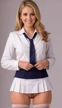 ((An 18-year-old school female with the beauty typical of Caucasian women is young, healthy, and aesthetically conscious. Her skin is in excellent condition, and she is incredibly cute. She is at the peak of her girl charm. She is the student council president of a prestigious school and the talented woman of a well-known and wealthy family. She is an elegant and sophisticated beauty, and gives off a calm and intelligent impression, but in fact, she secretly loves masturbating:2)), ((She looks incredibly cute with her sophisticated shining golden blonde long straight hair styled in a half-up style and a hairband near the back of her head:2)), (Her gentle gaze and beautiful, droopy eyes are in almost perfect balance, and her face is not misaligned at all. Her eyes, gazing straight at the photographer, are incredibly beautiful:2), (A beautiful nose with a high bridge typical of Caucasians:1.5), (A very cute and gentle smile with dimples and upturned corners of the mouth:2), (A moderately long, beautiful neck), (Beautiful lips:1.5), ((Ultra-high performance orthodontic devices are used to whiten, ideal tooth shape, and beautiful alignment to perfectly correct mandibular prognathism:2)), (((Her pubic hair is completely unkempt, thick and bushy, covering most of her crotch, which is erotic:2)), ((She is wearing the traditional uniform of a prestigious school, which is neat and elegant, and for the promotional photo in her yearbook, she has lifted up the hem of her pantyless mini pleated skirt to expose her cute pussy:2)), ((She wears the traditional uniform of this prestigious school, pure white and navy blue, consisting of a fitted blazer, a pleated mini skirt, and a pure white dress shirt for women with a neat tie tucked into the blazer at the collar:2)), ((She has won awards in various beauty pageants and is also a star player in female student volleyball. She is tall, not too fat, has a voluptuous body, feminine curves and a great figure, and boasts refined beauty:2)), ((Perfect hands and fingers:2)), ((Suitable for all, optimal, best, perfect, exquisite, skillful, accurate, clear, vivid, depth, realistic three-dimensional effect:2)), (Special particles are scattered throughout, creating a three-dimensional and realistic shooting effect), (Even the finest points and lines are sharp, clear and precisely depicted, with smooth surface texture and soft expression:1.5), ((Vivid whitening effect and ultra-vivid and rich color and contrast correction using the latest equipment and technology)), (NSFW 8K ultra-high resolution and ultra-high quality, professional photographers shot with 3D ultra-high performance and high sensitivity cameras, capturing the three-dimensional effect, shape, and subtle emotional expression in ultra-realistic best shots, masterpiece promotional photo:1.5)), playboy, magazine, cover, 1960s, 1970s, 1980s, 1990s, 2000s, skirtlift, 80spornomag, <lora:playboy_cover_SDXL_v1:.3>, <lora:skirtlift_xl:.5>, <lora:80spmagxl_v1-000002:.8>