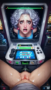 score_9, score_8_up, score_7_up, score_6_up, (POV I fuck a cutie stuck in hole in an arcade machine:1.6), (her pain strained face is displayed on the monitor screen:1.2), (dark lighting), glorywall, (her face on the screen above the hole:1.2), missionary position, I fuck her pussy with my big dick, (thick metal rim holding her hips in place), (only lower body protruding from hole in machine:1.6), (spread legs restrained with thick metal rim), short curly hair, oiled skin, splashing cum, (high quality:1.2), unspeakable horror, (dark curly hair), raw, lighting, overexposed, harsh, flash, comic, book, <lora:Rawfully Stylish v0.2_epoch_20:.01>, <lora:EldritchComicsXL1.2:.8>