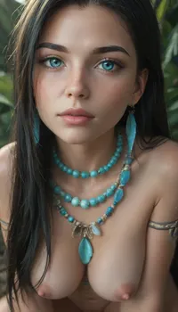 At dark night, Masterpiece, perfect proportions, beautiful and sexy 30-year-old Brazilian woman, very long, (full-black hair:2), . Untrimed pussy hair. Full breasts, (very light cyan blue eyes:2), light brown skin, (close-up face), tribal style, body very paint, face, many tattoos, many blue beaded necklaces, giant blue macaw feather earrings, bracelets, bangles, skin, jungle, waterfall. kneeling woman, . long, ​​​​, exposure, expo, <lora:detailed_notrigger:2>, <lora:Anime_Jungle_Tribal_Style:2>, <lora:Jungle_w4t3rf4ll:1.7>, <lora:Long_Exposure_XL-KK:2>