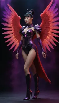 Full body view including shoes. Korean woman, 45, powerful and divine. Black hair in an intricate chignon bun with soft bangs and long hair down her back. Dramatic neon cyber-fantasy makeup, bold reds and purples, holographic glow, luminous sci-fi accents, plasma-bright eyeliner, prismatic lips, radiant highlighter.

She strikes a dynamic combat stance, armor glowing with runes and sigils, enchanted fabrics flowing with energy. Moonlight-forged winged boots with iridescent feathers and neon-lit runic edging flare as she moves. Mythic eyes shine with starlight, an aura of celestial power ripples around her.

Materials, opal-sheen metal, celestial silver, crystalline edges, starlight-woven cloth, polished luminous surfaces, softly glowing gemstones.

Environment, sweeping celestial battlefield, floating ruins, cosmic particles, drifting stardust, moonlit mist, nebula clouds, starfield depth, energized atmosphere.

Lighting & camera, action-hero angle, dramatic perspective, ultra-sharp focus, cinematic glow, volumetric god-rays, dynamic motion trails, rim-lit silhouette, crisp foreground particles.

Aesthetic, high-fantasy epic scale, cosmic glamour, neon accents, radiant micro-glitter, multidimensional glow mapping, SDXL detail.