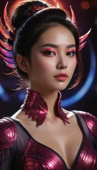 (Full view including boots), . High-fantasy mythic aesthetic, celestial grandeur, detailed textures, luminous magical effects, volumetric god-rays, ethereal glow, crystalline highlights, deep shadow contrast, legendary scale, painterly high-fantasy realism. Character, 45-year-old Korean woman with elegant, powerful, divine presence. Black hair in an intricate chignon bun with soft bangs and long hair cascading down her back. Intensified makeup, bold reds and purples with neon highlights, holographic sheen, luminous sci-fi accents around eyes, temples, and cheekbones, glowing eyeliner, radiant inner-eye shimmer, prismatic lips, cosmic highlighter. Regal posture, heroic expression. Ornate rune-engraved armor with glowing sigils, enchanted fabrics, shimmering filigree, radiant hair-edge glints, luminous mythic eyes, emotional magical aura, starlight reflections across skin and armor. Footwear, celestial winged boots—sleek moonlight-forged metal, iridescent feather motifs sweeping from the ankles, glowing runic trims, kinetic wing-shapes emitting soft neon luminescence. Highly detailed craftsmanship, integrated magical glow, seamless with her armor. Materials, moonlight-forged metal, opal sheen, iridescent accents, celestial silver, translucent crystalline edges, starlight-woven cloth, polished luminous surfaces, glowing enchanted gemstones.Environment, sweeping celestial landscape, floating ruins, sacred altars, cosmic particles, drifting stardust, enchanted fog, moonlit silver mist, rolling nebula clouds, layered starfields, rich atmospheric depth. Cinematic camera, full-body hero shot, ultra-sharp focus, high-resolution fantasy photography, dynamic powerful angles, dramatic perspective, soft diffusion bloom, deep bokeh, crisp rim-lighting, detailed foreground particles, immersive spatial clarity. General style enhancers, mythic epic quality, rich color grading, celestial palette, glowing highlights, elegant composition, divine symmetry, majestic presence, high-fantasy atmospheric drama, SDXL detail. Ultra-glam neon cyber-fantasy makeup, high-fashion editorial intensity, futuristic glow aesthetics. Eyes, hyper-saturated neon pigments—electric red, ultraviolet purple, neon magenta, holo-blue, plasma-glow winged eyeliner, prismatic gradient shadow, luminous inner-eye halo, metallic and iridescent lower-lid accents, micro-spark shimmer, reflective chrome mascara. Face, sculpted cheeks with neon blush gradients, holographic highlighter on cheeks and temples, neon contour accents, faint luminescent circuitry patterns, polished starlight-reflective skin. Lips, high-shine lacquered neon red, cosmic purple, or iridescent hologram, subtle glowing edge-light, mirror-gloss finish.
Brows, glossy, shaped, subtly luminous with soft neon reflections. Overall finish, editorial cyber-fantasy sheen, multidimensional glow mapping, radiant micro-glitter dust, chromatic neon reflections, futuristic beauty aesthetic, clean blending, cosmic glamour. sci-fi styling.