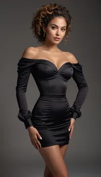 A full-body portrait of a confident 45yo curvy tall woman posing in a studio with a clean light gray background. HAIR, (EXTREME DETAIL), High curly ponytail positioned high on the crown, secured with a dark elastic band. Medium-brown base with warm amber and copper micro-highlights. Curls are tight, uniform ringlets with precise spiral geometry, multidirectional light refraction, gloss-enhanced moisture, high volumetric density, minimal controlled flyaways for realism. Sleek, brushed-up crown section with tension-lifted root structure and smooth gradient sheen.

OUTFIT, She wears a luxurious satin fitted black off-shoulder mini dress with long puffed sleeves, a deep sweetheart neckline, and gentle ruching along the waist and skirt. Her legs are crossed slightly in front of each other in a relaxed, elegant pose. Long wavy hair, center part, natural glam makeup, smooth warm-toned skin, subtle highlights. Wearing black ankle-strap high heels. High-resolution fashion photography, soft diffused lighting, crisp details, smooth fabric texture, realistic skin, clean edges, MAKEUP, • Skin, Even, matte-soft finish with microtexture visibility, subtle subsurface scattering, pore-level realism, smooth contour transitions. • Contour/Blush, Warm bronzer sculpting the cheekbones with deep gradient buildup, peach-bronze blush fused seamlessly into contour, no harsh boundaries, soft feathered diffusion. • Eyes, Multi-layer golden-brown shimmer eyeshadow with fine metallic particulate, perfectly blended inner–outer gradient, precise upper eyeliner with invisible feather edge, long curled lashes with individual fiber geometry, lower lashes subtly defined. • Brows, Strong arched brows, individually resolved hair strands, natural density distribution, professionally groomed. • Lips, Berry-rose satin lipstick with subtle hydration sheen, smooth microtexture, accurate specular highlights, crisp and symmetrical lip lines.

LIGHTING / SCENE, High-end beauty lighting array, soft frontal key, faint fill, micro-controlled rim light separation, accurate skin bounce light, smooth shadow roll-off. Neutral gray studio backdrop with soft gradient, zero distractions.

CAMERA / RENDERING, 85mm portrait lens simulation, shallow depth of field, bokeh with clean edge fringing, HDR tonal range, ultra-sharp capture, photorealistic shading, physically accurate reflections, fine-detail preservation, anti-aliasing precision, magazine-grade editorial finish.

MOOD / TONE, Elegant, confident, polished, professional beauty photography aesthetic.

STYLE DIRECTIVES, Hyper-realistic, extreme clarity, anatomical accuracy, high color accuracy, cinematic micro-contrast, controlled specularity, no distortion, zero noise, flawless high-end beauty editorial rendering.