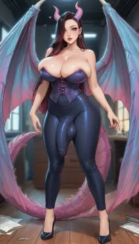 Score_9, score_8_up, score_7_up, reiq meets markgavatino and melkor mancin artstyle. Jessica rabbit., thick tail, pink and blue dragon tail, (((massive multicolored pink dragon wings with blue membrane))), ((((4 massive wings)))), pink and blue draconic horns that curve back gracefully, thick dragon tail., exuding sexual energy, horny, flushed face, blushing hard., (thick luxurious knee length black hair, extremely long hair, hair down to the knees with purple and red highlights multicoloured red and purple accents), long elven ears, long well manicured nails., (((Transgender, futanari, futa))), .

penis, large penis, (huge penis), (very thick penis), balls, (((huge breasts spilling out of corset))), ((gg breasts)), soft breasts, saggy breasts, full breasts, bulging breasts, Multicolored, (black and red), goth style corset.

extremely long flaccid, partially erect, soft penis, ((huge penis)), penis, . areola visible, nipple peaking out, nip slip, nipple slipped out., (deep butt crack:1.1), deep ass crack, (((bubble butt))), bbl, extremely juicy bubble butt, bulging ass, eyeshadow, office, round ass, large ass., (((detailed bulge))), ((penis bulge down pantleg reaching knee)), tight bulge, balls bulge, bulge in tight leather pants, ((lowcut pants)), penis outline visible under clothes, precum, and, (cock bulge:1.3), huge low-hanging bulge, (high waist intricate detail thong), (huge erect cock bulge), ((cock bulge visible:1.3)), ((tight big erect cock bulge)), ((form fitting cock bulge)), ((tight form fitting balls bulge)), big balls bulge, ballsack bulge, tight ballsack bulge, big ballsack bulge, arching back, tight black leather pants, corset over off the shoulder top, dress with no front, no panties, dancing, mid-motion shot, vintage 50's strip club, bright spotlight, ratatatat74, high contrast, (thick outline), <lora:ratatatat74-000050:.8>, <lora:cartoon_stickers_xl_v1:.8>