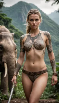 Athletic white girl wearing animal skin, hunting with warrior, in jungle, mountain in background, tribal tatoo on body, mamouth in background