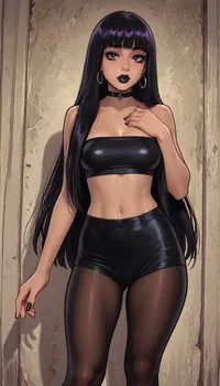 ((Melkor mancin style)), reiq style, masterpiece, (1woman, 8k resolution, ultra-detailed), (dark skin:1.5), goth makeup, black lipstick, ((very long black hair, fringe)), black tube top, black pantyhose, black fishnet, ratatatat74, <lora:ratatatat74-000050:1.3>, <lora:LCMTurboMix_Euler_A_fix:1.1>, <lora:mk_Bp Anime_xl:1.2>, <lora:焦茶_XL:2>, <lora:AshMilkshake_Illustrious_v1:1.6>
