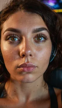 (27 Year old gamer girl:2), (headphones, twitch streamer, sitting in a gamer chair:1.5), (Mexican, warm undertone skin, freckles on her chest, freckles on face), (web cam snapshot, portrait, face portrait with emphasis on her eyes, close up of face, fisheye lens:1.5), (ring lighting, ringing lighting reflected in eyes), (Mexican features), (photorealistic, photo realistic, photorealism, photo realism:1.8), (4k, 8k, 8k resolution, best quality, ultra quality, highest quality, maximum quality, uncompressed, raw source photograph:1.2), (same honey color eyes, symmetric eyes, matching eyes, detailed eyes, detailed iris, detailed pupils, limbal ring around iris, perfectly round iris, perfectly round pupils:1.4), (detailed skin, high detailed skin, intricately detailed skin, perfectly detailed skin, high quality skin, highest quality skin, exquisitely textured skin), (intricate clothing, detailed clothing), (natural eyebrows, perfectly manicured eyebrows), (flushed cheeks, flushed neck, blushing cheeks, blushing neck), (overfilled lips, juicy lips, filled lips, puffy lips, glossy lips, her thick wet lips are slightly parted, nervously biting lower lip, lip bite, lip biting), (casual makeup, subtle makeup, natural makeup), (narrow jaw, delicate jawline, pointed jaw and chin, rounded face, larged face, pixie face, fairy face, fae features, extremely feminine face, round face, chin, mouth, high cheekbones, sharp cheekbones, faint vellus hairs, cute tall tall tall dimpled cheeks), (upturned button nose, upturned nose, delicate nose, nose), (long hair, wavey hair, loose hair framing her face, messy hair, tousled hair, bed hair, sex hair, black hair with dark roots), (eyes slightly crossed, big eyes, wide eyes, doe eyes, slightly wide set eyes), (striking eyes, captivating eyes, mesmerizing eyes, fae eyes), honey eyes with golden flecks, (huge breasts, large breasts, large natural saggy breasts), (athletic body, sporty body, lean body, muscular body, muscle shoulders, defined shoulders, rock climber body), (close up portrait of face, tight closeup of face, closely zoomed in on face, tight in on face, extreme closeup), (looking straight into the camera, looking straight ahead, head slightly raised, gazing lovingly straight into the camera, looking down on her from above), (she's in love, adoring gaze), (no nudes, nonnude), (relaxed posture, casual pose, casual outfit, casual attire, casual underwear), (loving expressing, adoring expression, joyous, joyful, pleased), (girlfriend, girlfriend material, girlfriend experience)