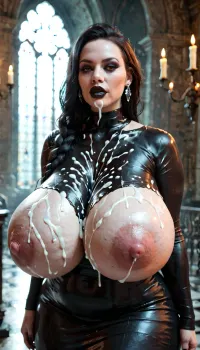 mature goth milf, beauty face, plump lips, grey braided hair sith black highlights, brown eyes, (gigantic natural hyper breasts:1.3), gigantic cleavage, (gigantic colossal breasts), (thick sticky cum covered breasts:1.4), breasts larger than head, heavy breasts, hyper-veiny breasts, massive hanging deep cleavage, hyper erect nipples, ((nipples covered by dress)), (very revealing evil queen black dress:1.2), pale skin, looking at viewer, round pawg ass, birthing hips, hyper hips, rounded hips, (ssbbw:1.3), in gothic cathedral with dim candlelight, standing, <lora:M05_Intensify:.6>, <lora:SDXL_BetterFaces-LoRA_v1:.5>
