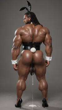 Crossdressing, man, playboy bunny, Black, African, handsome, Bunny ears, bulge, big muscles, bodybuilder. Oversized bulge. Black leather. Rubbing bulge. Cum stains. Leaking cum. Semen stains. Strapless leotard. Dark skin tone. Bodybuilder, big pecs, oversized arm muscles. Oversized pecs. Big chest. White collar. Black bow tie. White cuffs. Fishnets. High heels. Dark Skinned. Bunny tail. Black man. Dark skin. . Butt plug. White bunny tail. Backside. Oversized shoulder. Butt. Fat ass. Black leather corset over strapless leotard. Displaying asshole. Spreading cheeks. Cum dripping from ass. Well fucked hole. Post sex. Horse penis. Big balls. Equine phallus. Stocking. Garter. Long hair. Dreadlocks.
Looking over shoulder Sweaty. Thick, Bodybuilder. Wide. Big muscles. Dark skin, black skin. African skin. Black, african. Ebony skin. Clean shaven, big, muscle, large, hyper, thick, limbs, thighs, arms, huge, anime, hugest, ever, muscles, smallest cock. Brute. Hulking muscles.. Big full balls. Oversized testicles. Balls hanging low. Dark black skin. Elf ears. gigantic black brute, only one person, only man., no woman, (tall strong muscular thug:1.1), black, dark, skin, <lora:bodybuilder:.8>, <lora:HugeAnimeCocks:.8>, <lora:Diversify:2>