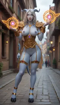 front view, full body view, world of warcraft art, (((world of warcraft female draenei))), standing in stormwind city harbor, (((very light blue skin))), exposed breasts, exposed pussy, lingerie armor, gold garters, gold cuffs, gold necklace, gold body chain, long blowing hair, long flowing silver hair, skinny waist, ((white eyes)), big breasts, pierced nipples, pieced clit, perfect ass, (standing in stormwind), ((partially wearing paladin armor)), ((parially nude)), trimmes pussy, (real skin textuture), high res texture, from front, (dynamic sexy pose), ((healing spell)), magic runes in the air
