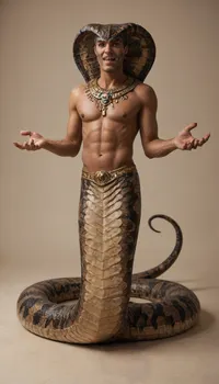 Snake man. Naga. Half snake half human. Attractive. Monster. Lamia. Male. Man. Egyptian. Scales. Snake fangs. Snake skin. Hybrid. Snake tail from the waist down. No legs. Full body. Scales on chest. Long tail. Arms. Dark skin. Jewelry. Solo male. Cobra fins. Half snake. Clawed hands. Naga. Attractive monster. Seductive monster. Claws. Fangs. Monster.