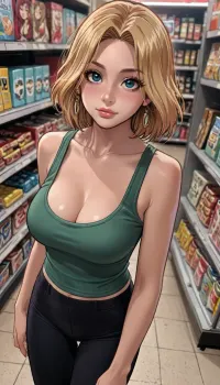 ((Melkor mancin style)), reiq style, At store, (view from above, close up:1), blonde, seductive face, green tank top big cleavage with righ leggings, big tits, ratatatat74, kinomoto, sakura, daidouji, tomoyo, Li, Syaoran, Meiling, kero, <lora:LCMTurboMix_Euler_A_fix:.8>, <lora:ratatatat74-000050:1.1>, <lora:EnvyBeautyXL02:1.3>, <lora:mk_Bp Anime_xl:1.2>, <lora:Card Captor Sakura Anime_XL:1.9>