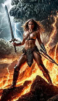 In a world where magic and technology coexist, a fierce battle rages between the forces of good and evil. The woman wields her sword with deadly precision, cutting down orcs and skeletons with ease. Suddenly, a bolt of lightning strikes