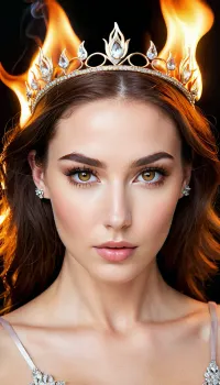 A mulher no retrato fotorealista está mesmerizando, com olhos em forma de amêndoa, lábios cheios e maçãs do rosto altas. Seu rosto de pixie é enquadrado pelo cabelo fluindo que cai em ondas soltas ao redor de seus ombros. Ela tem um pixie