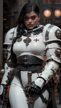 A woman in a Black Templar warhammer 40000 space marine armor is standing in front of a gothic style armor painted to resemble the iconic Black Templars' symbol