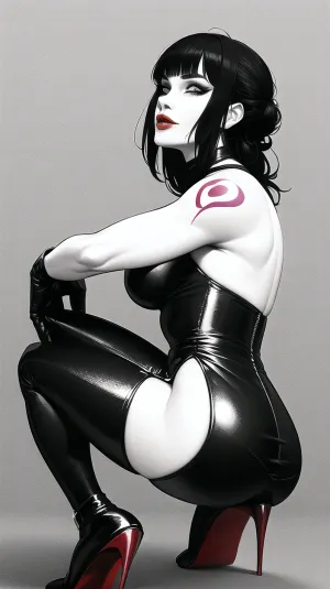 La femme dans l'image est habillée d'un costume classique avec des éléments de fétichisme moderne, et son maquillage est grunge. Elle a une coiffure pixie, habillée en dentelle moderne, et se combine avec le style de couture classique