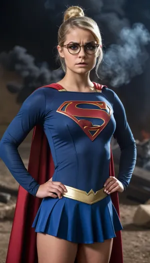 The woman stood in front of the mirror, admiring her perfect makeup and small round eyes. She was wearing a supergirl costume, complete with full body view, short ponytail, and high quality makeup. Her small round eyes added to her perfect