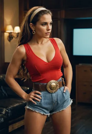 A IA gerou uma imagem de alta qualidade de uma mulher com cabelo longo, vestindo uma blusa apertada e brincos, mostrando seu corpo tonificado e cleavage