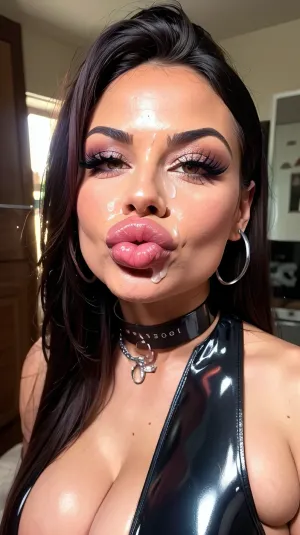 一个漂亮的拉丁女孩 穿着性感的铬乳胶 和浓重的化妆品 正在为相机摆姿势, 展示她的弯曲和诱人。 她长长的深色头发 伸向她的背部, 塑造她的脸和突出她